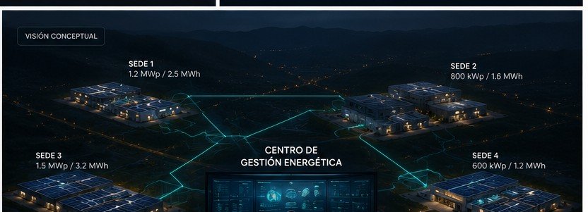 Visualización conceptual de una estrategia energética multi-sede con centro de gestión centralizado — no representa una operación real de Helion Power.